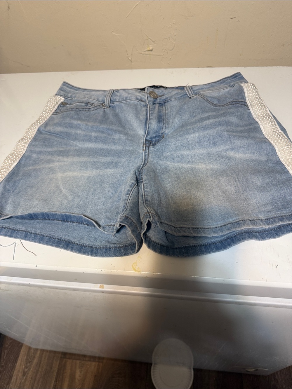 Light Blue Denim Shorts with Pearl Side Trim - Women
